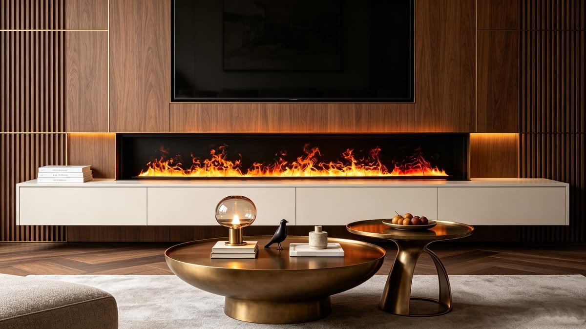 A long fire set into a walnut media wall with brass reveals, a brass bowl table in the foreground.
