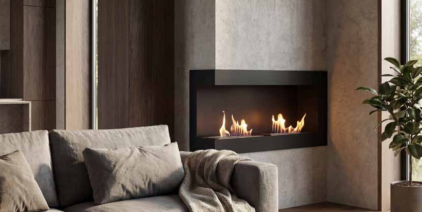 A compact built-in bioethanol fireplace framed by a pale stone wall beside a sofa.