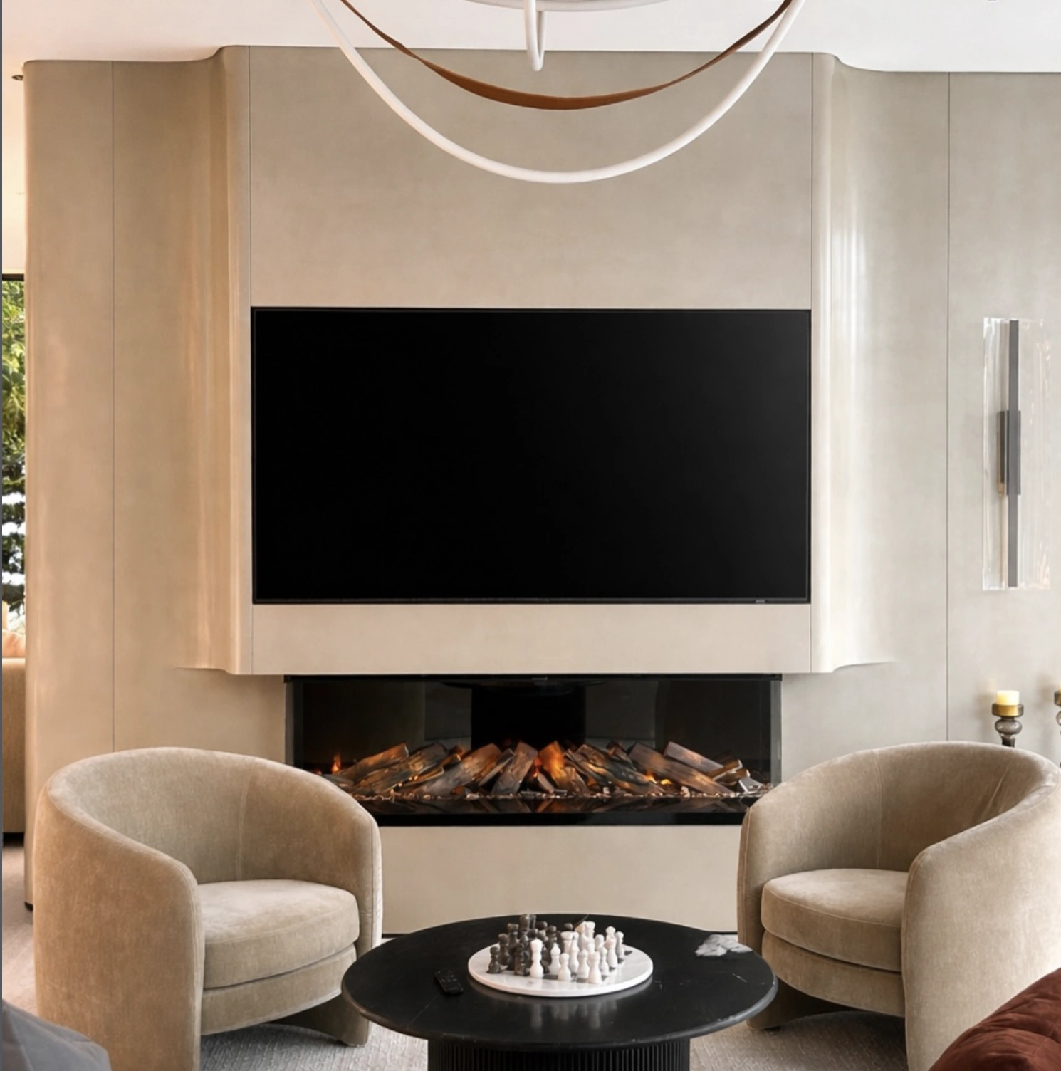A fireplace integrated into a contemporary lounge interior.