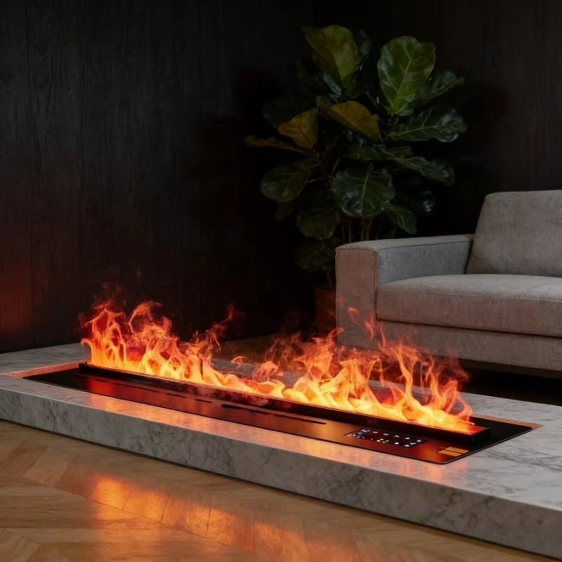 Illuminated water mist rising from a linear fireplace beside a lounge chair.